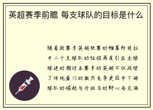 英超赛季前瞻 每支球队的目标是什么